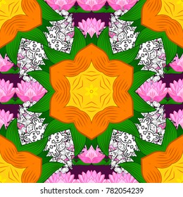 Green, orange and white colors. Vector ethnic mandalas, doodle background circles.