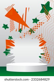 Green, Orange and white cylinder pedestal podium. Vector 3d mockup product display. Minimal geometric forms stage showcase for presentation.