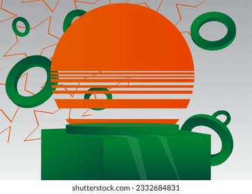 Green, Orange and white cylinder pedestal podium. Vector 3d mockup product display. Minimal geometric forms stage showcase for presentation.