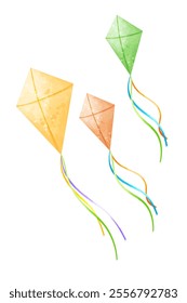 Green, orange and yellow kites. Vector watercolor illustration