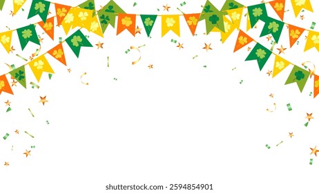 Green, orange, yellow pennants chain clover leaves and star confetti background party decoration surprise