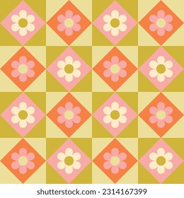 green orange yellow and pink seamless pattern with white and pink daisies Modern Art design for paper, cover, fabric, interior decor, textile.