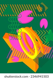 Green, orange, yellow and purple geometrical graphic retro theme cover. Minimal geometric elements poster design. Vintage abstract shapes template for poster banner.