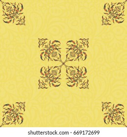 Green, orange and yellow seamless background ornament pattern. Abstract arabesque background for greeting card, presentation or wedding invitations. Traditional vector gothic damask background.
