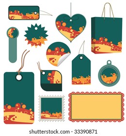 green, orange and yellow tags, labels, bag, stamp, sticker and frame with copy space
