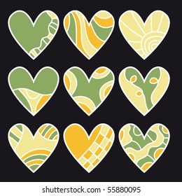 Green, orange and yellow vector heart collection over black background