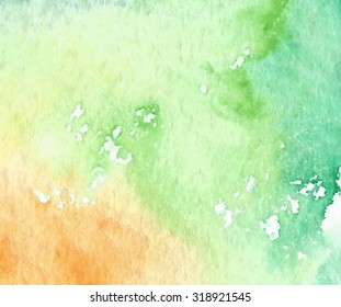 Green orange yellow watercolor smudges vector banner. Watercolor hand drawn splash illustration. Wet brush painted wash paper texture. Nature art design element for card, wallpaper, template, print