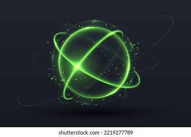 Green orb concept. Modern technologies and digital world, cyberspace. Poster, banner or background for website. Volumetric figure in futuristic sci fi style. Isometric neon vector illustration