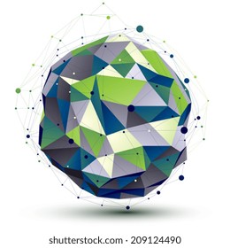 Green orbed complicated network figure constructed from colorful triangles, dimensional spherical figure with lines mesh isolated on white background.