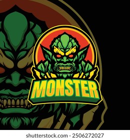 Green orc monster esport emblem mascot logo. Scary creature character brand identity.