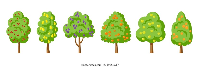 Green orchard fruit flat tree set. Different shape of garden agricultural plants, trees with ripe cherry pear plum orange tangerine apple apricot peach isolated on white. Organic farm fresh harvest