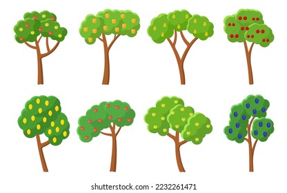 Green orchard fruit trees. Summer harvest ripe cherry apple pear plum lemon peach apricot. Fruit tree green garden flat cartoon set. Natural organic forest park isolated on white