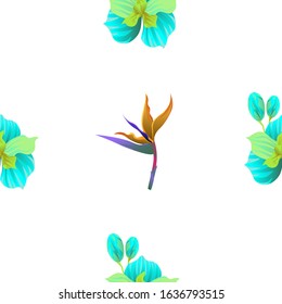 Green Orchid. Orange Strelitzia. Vector illustration. Seamless background pattern. Floral botanical flower. Wild leaf wildflower isolated. Exotic tropical hawaiian jungle. Fabric wallpaper print.