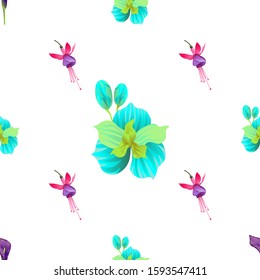 Green Orchid. Purple Calla. Pink and Purple Fuchsia Bella. Vector illustration. Seamless background pattern. Floral botanical flower. Wild leaf wildflower isolated. Exotic tropical hawaiian jungle.