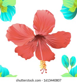 Green Orchid. Red Hibiscus. Vector illustration. Seamless background pattern. Floral botanical flower. Wild leaf wildflower isolated. Exotic tropical hawaiian jungle. Fabric wallpaper print texture.