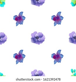Green Orchid. Violet Anemone. Vector illustration. Seamless background pattern. Floral botanical flower. Wild leaf wildflower isolated. Exotic tropical hawaiian jungle. Fabric wallpaper print texture.