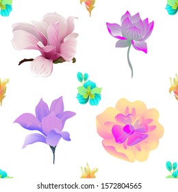Green Orchid. Yellow Guzmania. Pink Magnolia. Purple Lotus. Purple Magnolia. Yellow Magnolia. Vector illustration. Seamless background pattern. Floral botanical flower. Wild leaf wildflower.