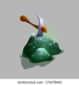 Green ore with a pickax. Vector illustrations.