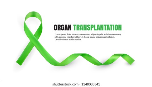 Green Organ Donation Awareness Symbolic Satin Ribbon Isolated on White Background with Place for Text. Realistic 3d Vector Illustration