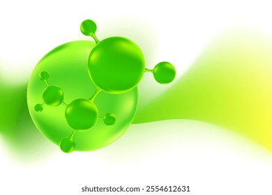 Green organic collagen 3D molecule icon, with liquid glowing texture, isolated PNG, transparent background. Bio serum formula. Beauty biotechnology treatment nutrition.