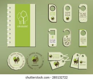 Green and organic corporate identity set template with tree elements. Vector company style for brandbook and guideline. Local company branding. Badges, logo, stickers and labels. Illustration.