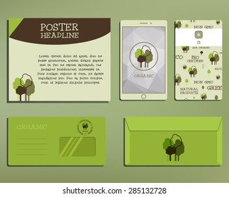 Green and organic corporate identity set template with tree elements. Vector company style for brandbook and guideline. Poster, mobile device, envelopes. Illustration.