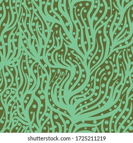 Green organic fluid shapes seamless vector pattern. Surface print design inspired by seaweeds and coral reef. For backgrounds, textured, fabrics, stationery and packaging.