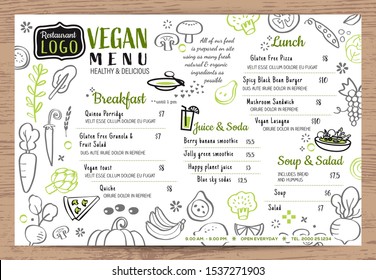 Green organic food, Vegan restaurant menu, board or place mat vector template. Vegetables doodle background.