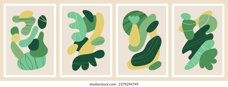 Green organic forms. Hand drawn simple shapes. Flat vector illustration collection influenced by Naive art and graffiti. Abstract backgrounds for poster, card, cover, packaging, banner or branding.