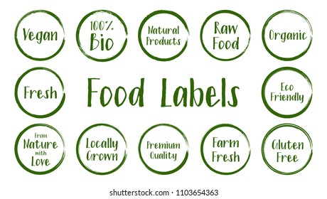Green organic labels, eco emblems for restaurants menu, natural products packaging. Fresh raw food vegan gluten free eco friendly premium quality locally grown organic healthy food labels.