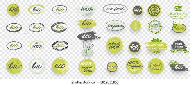 Green Organic natural bio labels icon set, healthy food badges healthy nutrition isolated stickers. Large collection of emblems, elements, frames, brush and logo. Vector illustration