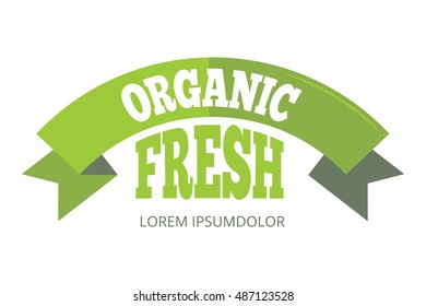 Green organic natural eco label with ribbon isolated on white background. Vector illustration