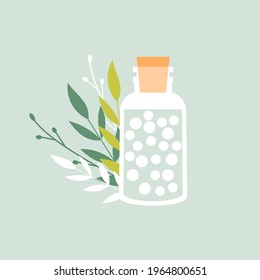 Green organic natural homeopathic pills in glass jars. Homeopathy treatment banner, herbal alternative medicine, essential natural oil, herb pharmacy, food supplement. flat vector.