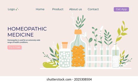 Green organic natural homeopathic pills in glass jars. Homeopathy treatment herbal alternative medicine, essential natural oil, herb pharmacy, food supplement. flat vector