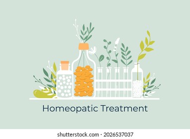 Green organic natural homeopathic pills in glass jars. Homeopathy treatment herbal alternative medicine, essential natural oil, herb pharmacy, food supplement. flat vector