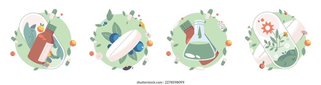 Green organic natural homeopathic pills in glass jar. Homeopathy treatment herbal alternative medicine, essential natural oil, herb pharmacy, food supplement. Phyto capsules, leaves and green plants