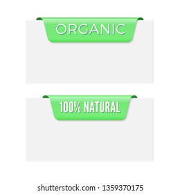 Green organic and natural ribbon flags set. Vector illustration