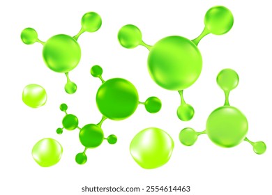 Green organic oil droplet or collagen 3D molecule icon, with liquid glowing particles, fluid bubbles, isolated PNG, transparent background. Bio serum formula. Beauty biotechnology treatment nutrition.