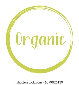 Green organic products icon in frame, food package label vector design. Organic food logo, no chemicals sign, bordered stamp isolated clip art, circle tag organic farming label, sticker vector emblem.
