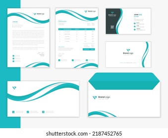 Green organic Stationery design template bundle with business card, letterhead, invoice and envelope