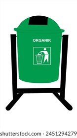Green organic trash can with black pole on white background