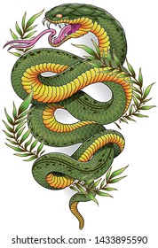 Green oriental snake with laurel leaves vector illustration