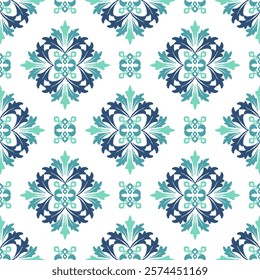 Green oriental vector ikat-damask pattern. Talavera pottery. Azulejos portugal. Turkish ornament. Spanish porcelain. Design ceramic pottery, tiles, wallpaper, rugs, and curtains.