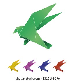 Green origami bird vector illustration and color variations