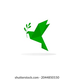 Green Origami Birds are flying, leading by a light green bird, isolated on white.