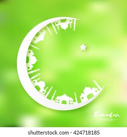 Green Origami Crescent Moon with Mosque. Ramadan Kareem Greeting card. Holy month of muslim. Symbol of Islam. Applique Vector illustration.