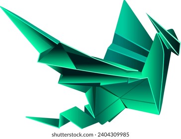 Green origami dragon 2D made in realistic style Green dragon symbol of 2024 Vector