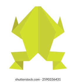 Green origami frog made from folded paper in geometric and minimalist style. Flat vector illustration in traditional Japanese papercraft.
