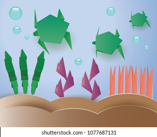 Green origami paper art turtles under the sea illustration.