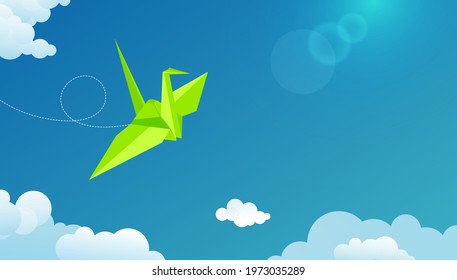 Green Origami Paper Crane Flying In A Blue Sky, Abstract Vector Concept.